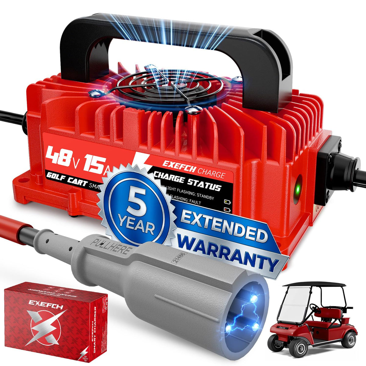 EXEFCH 48V 15A golf cart charger front view highlights efficient on-site charging