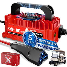 EXEFCH 48V charger front view showing compact under-seat fit for EZGO carts