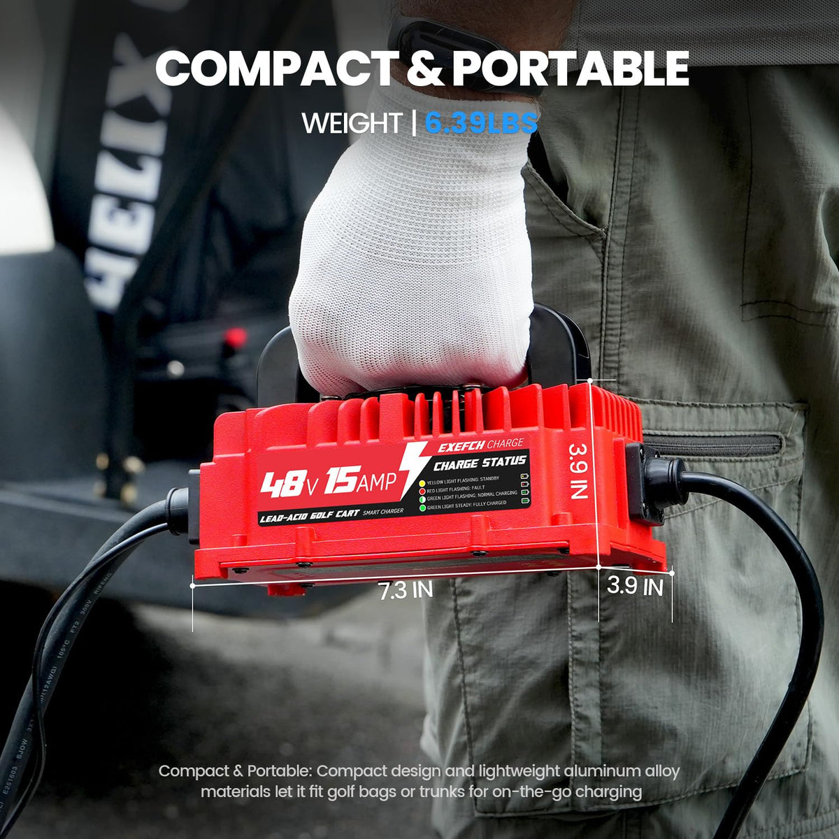 EXEFCH IP67 weatherproof charger withstands rain and dust on the course