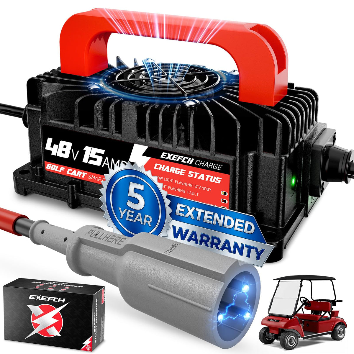 EXEFCH 48V 15A golf cart charger for Club Car delivers fast, reliable charging.