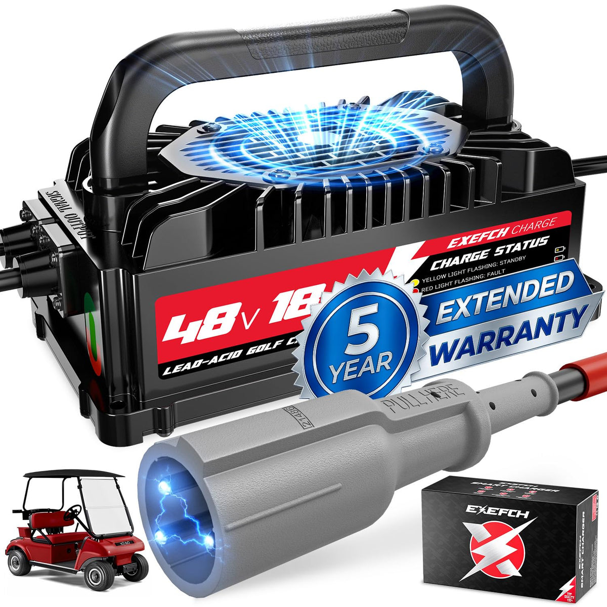 EXEFCH 48V golf cart charger exterior boosts durability for outdoor charging.