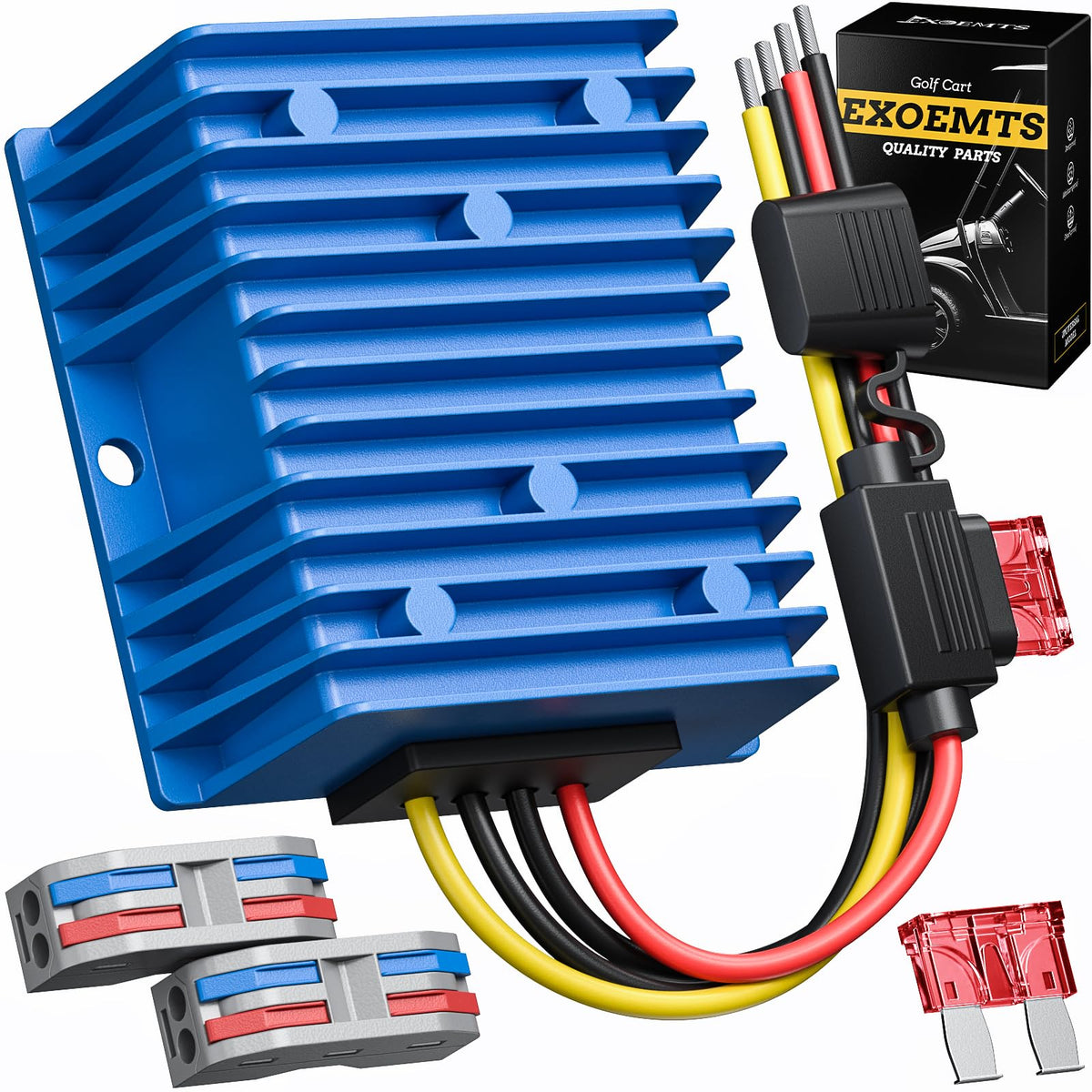 EXOEMTS blue 240W buck converter front view for outdoor golf cart use