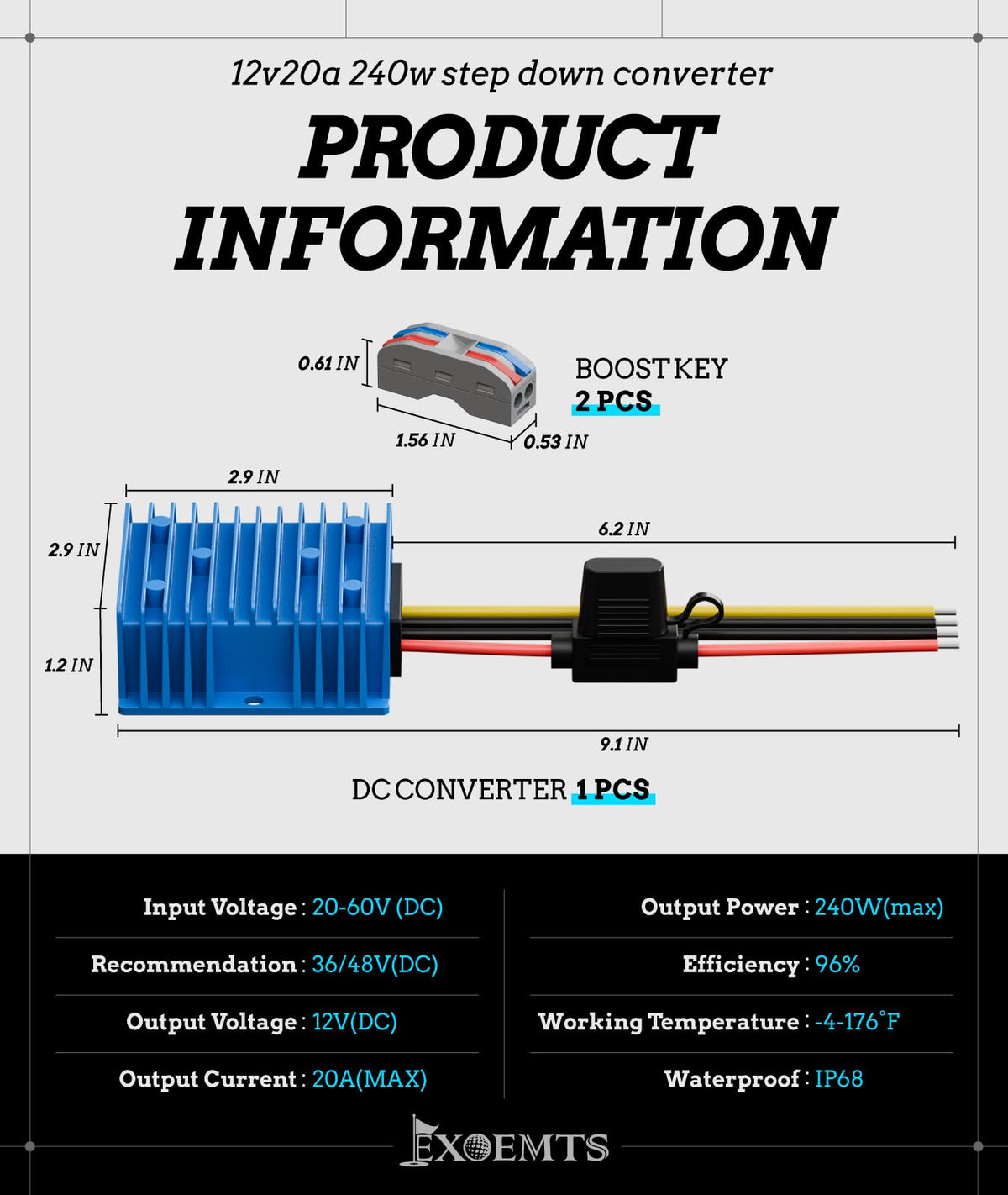 EXOEMTS blue buck converter top view highlighting compact profile
