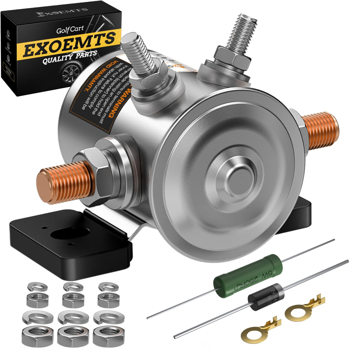 EXOEMTS EZGO 36V solenoid with mount bracket ready for quick installation.