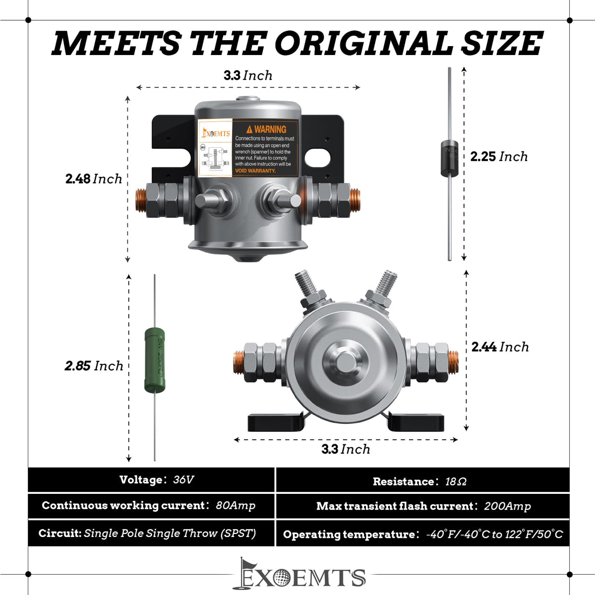 Four-terminal solenoid design supports versatile wiring for EZGO TXT and Marathon carts.