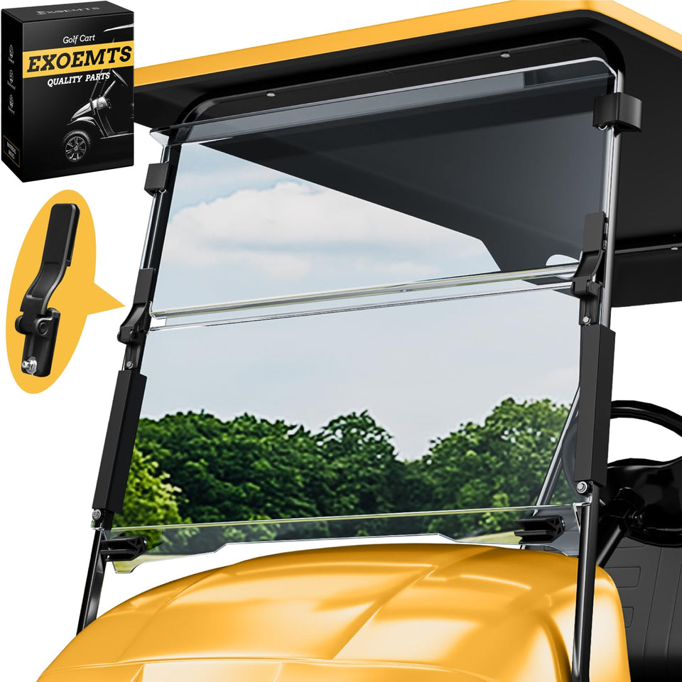 EXOEMTS front windshield for EZGO TXT with foldable design improves visibility and wind protection.