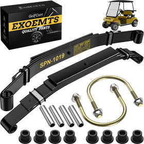 EXOEMTS heavy-duty rear leaf spring kit installed on a Club Car DS for improved stability under load.