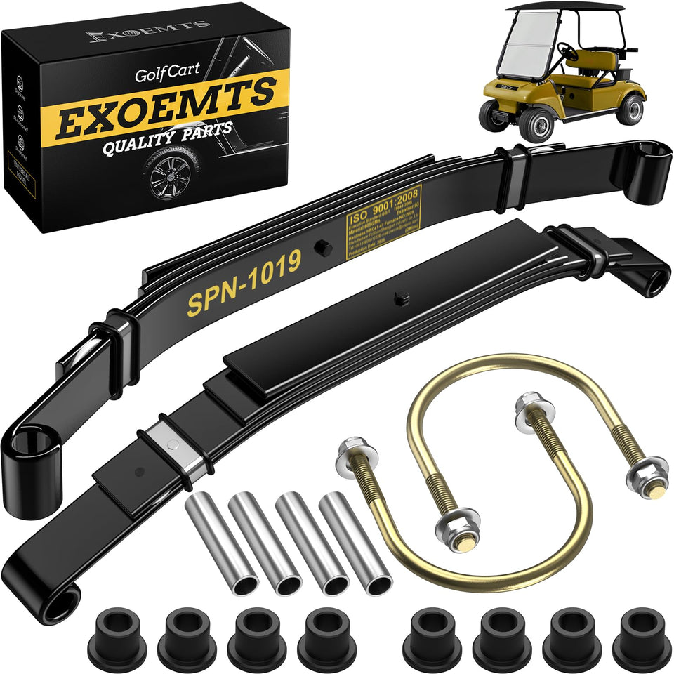 EXOEMTS heavy-duty rear leaf spring kit installed on a Club Car DS for improved stability under load.