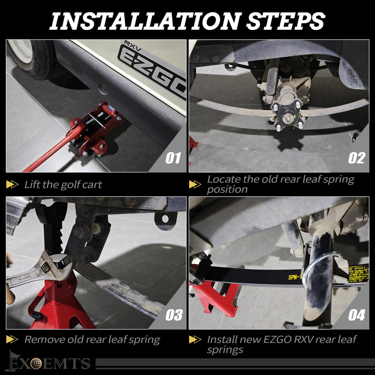 EXOEMTS install-ready kit shown on EZGO RXV during assembly