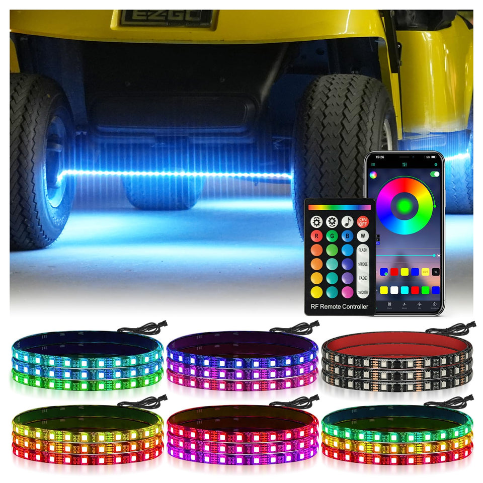 EXOEMTS underglow strip on golf cart front view boosts night visibility and style