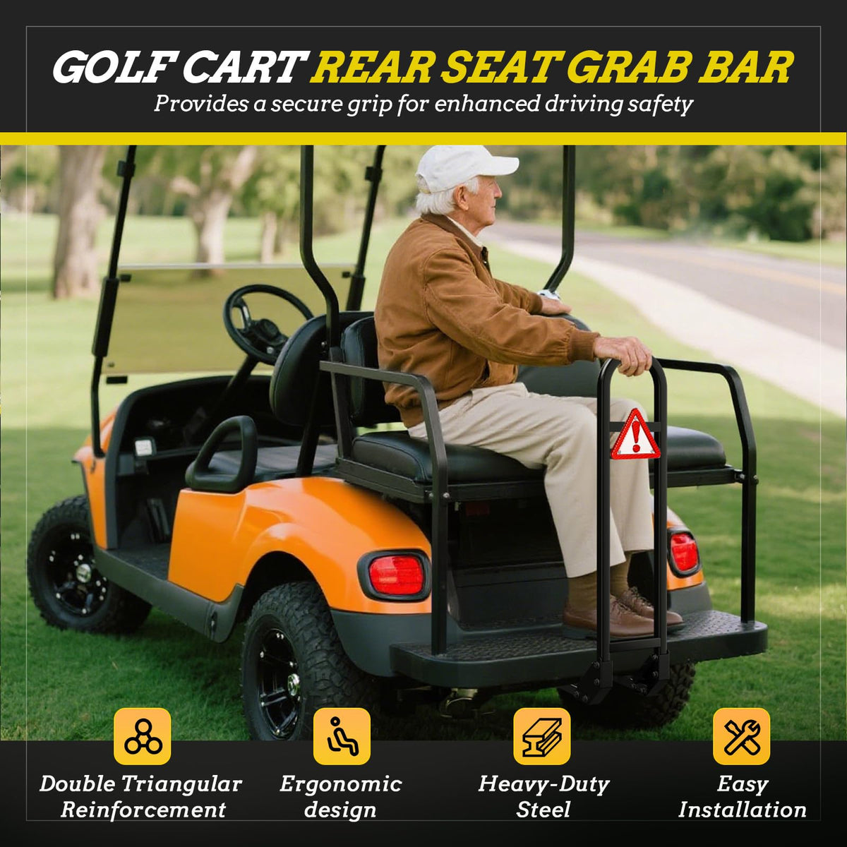 EXOEMTS installation hardware kit shown for quick golf cart rear-seat grab bar setup.