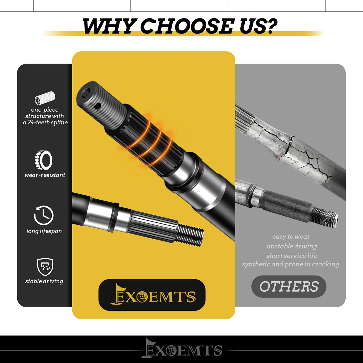 EXOEMTS 24-inch spline shaft enables stable, quiet rides on daily golf paths