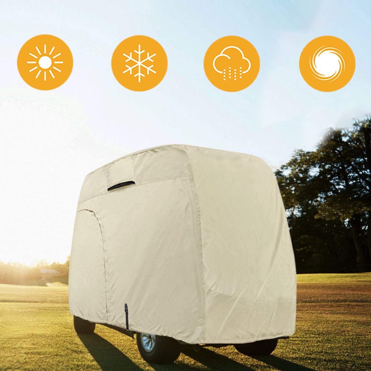 All-weather protection for four-passenger golf carts by Explore Land.