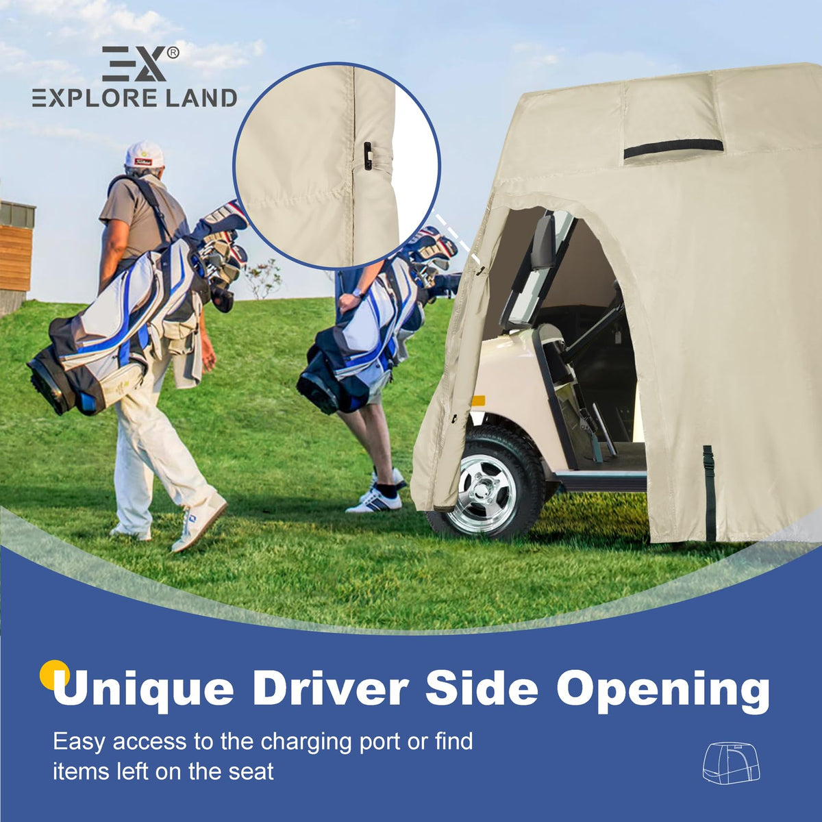 Explore Land 600D golf cart cover protecting from rain, UV, and dust outdoors.