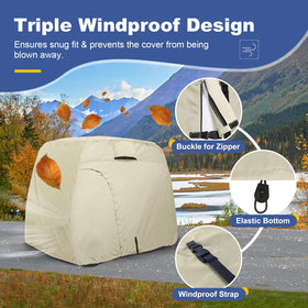Explore Land 600D golf cart cover with buckle and elastic hem for secure fit.