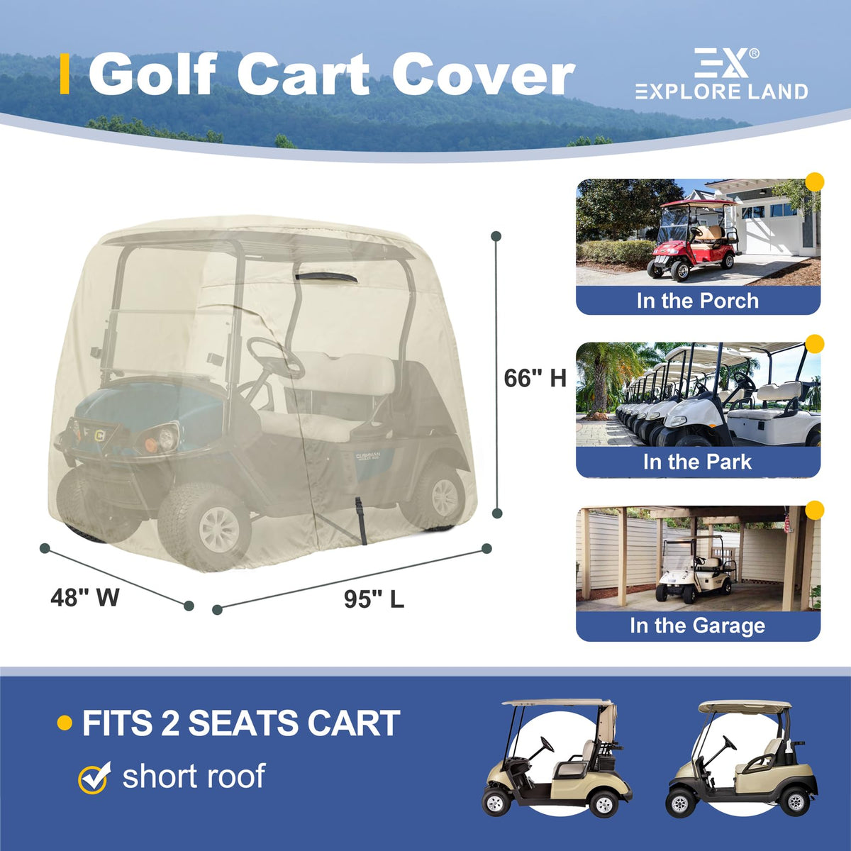 Explore Land 600D golf cart cover driver-side entry for quick access.