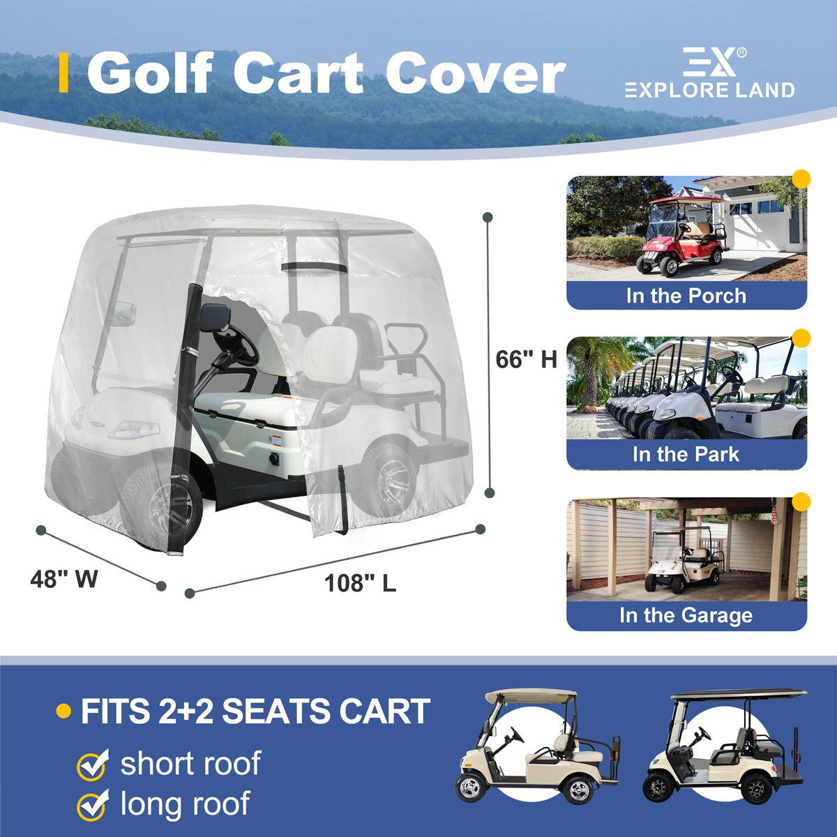Explore Land 600D golf cart cover breathable vents reduce moisture during storage