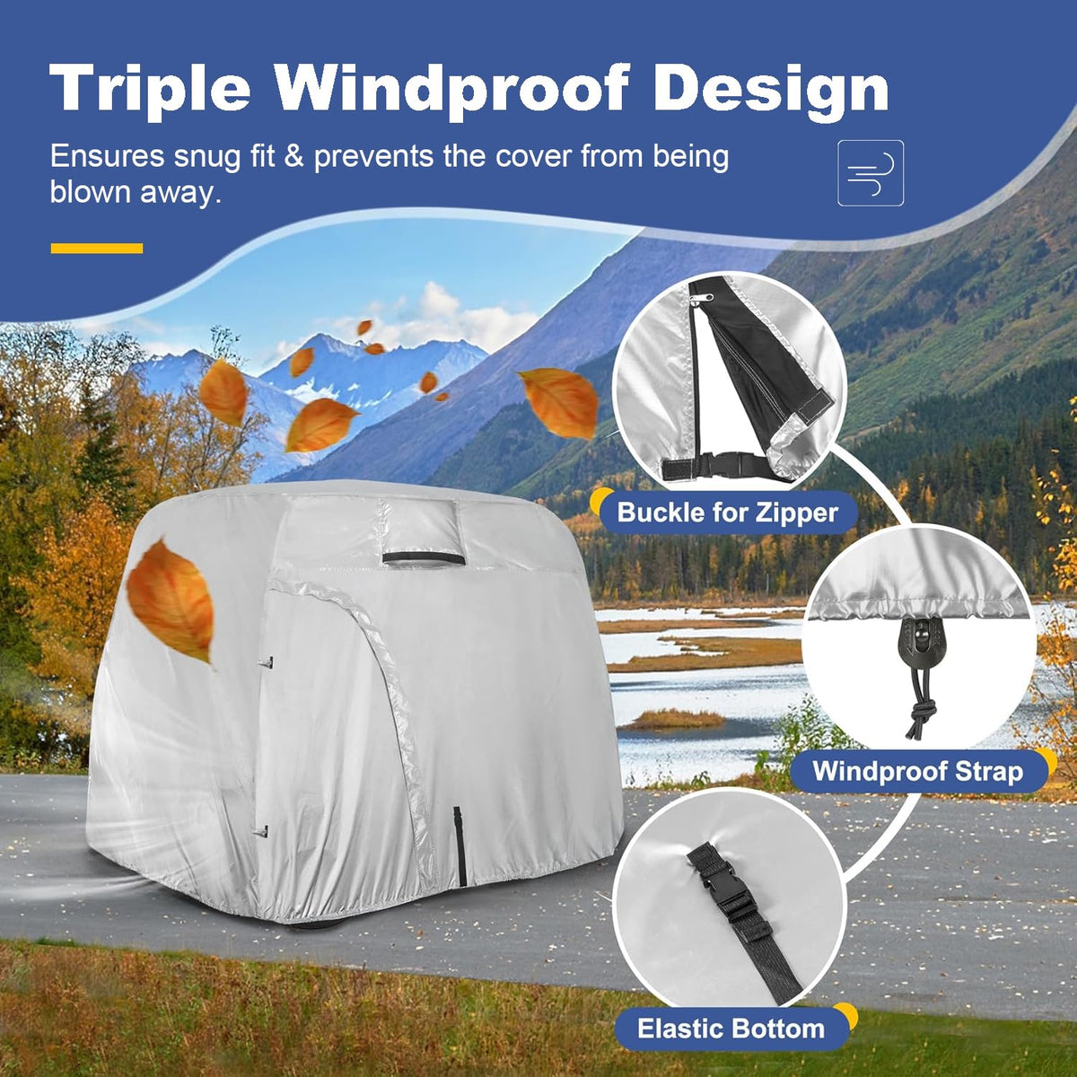 Explore Land 600D golf cart cover driver-side zip entry eases installation and access