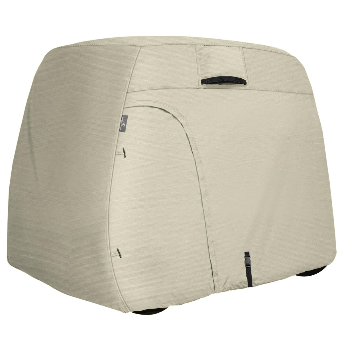 Explore Land 600D golf cart cover front view showing light tan finish and full coverage.