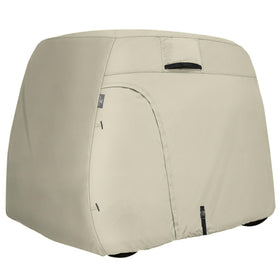 Explore Land 600D golf cart cover front view showing light tan finish and full coverage.