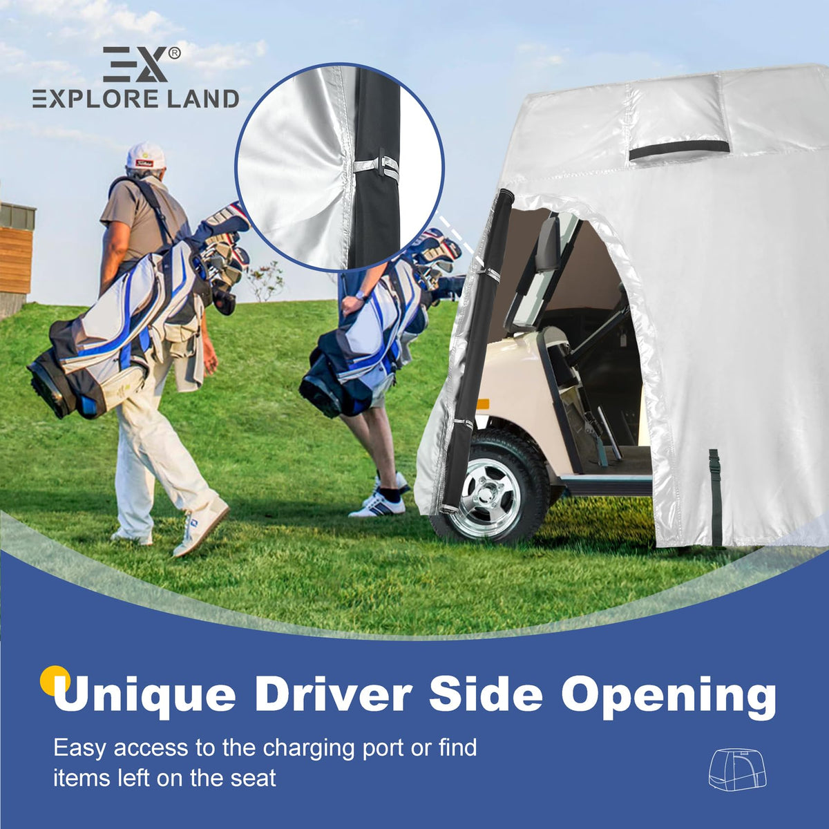 Explore Land 600D golf cart cover rear view shields against dust and weather while parked