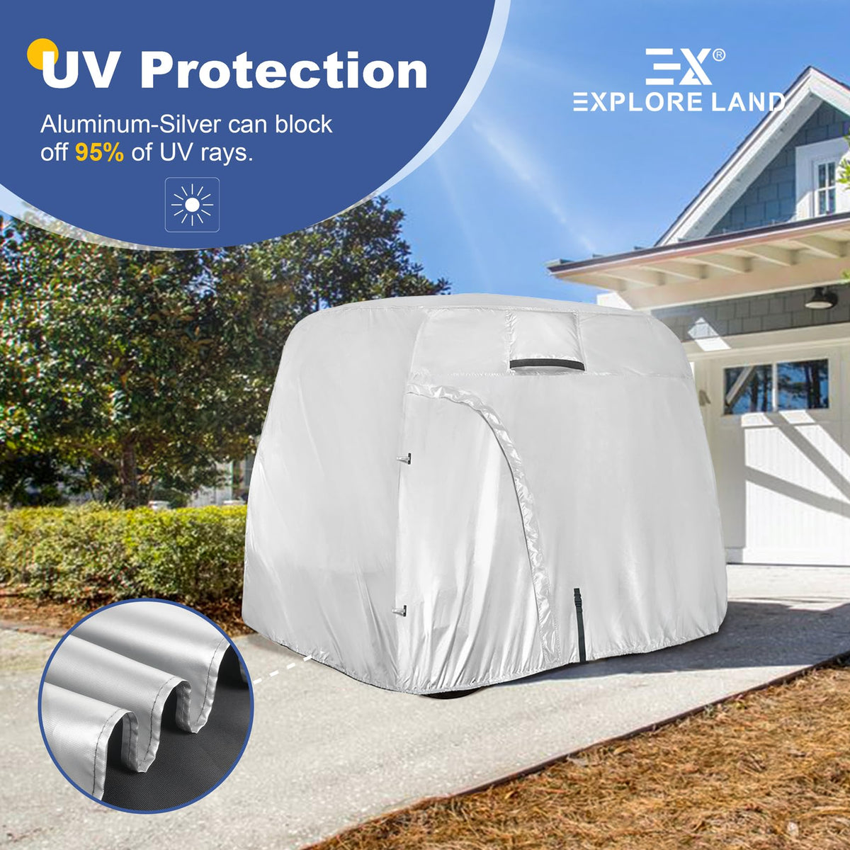 Explore Land 600D golf cart cover extended roof fit prevents leaks on tall carts