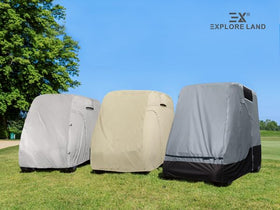 Explore Land 600D golf cart cover compact when stored with secure strap.