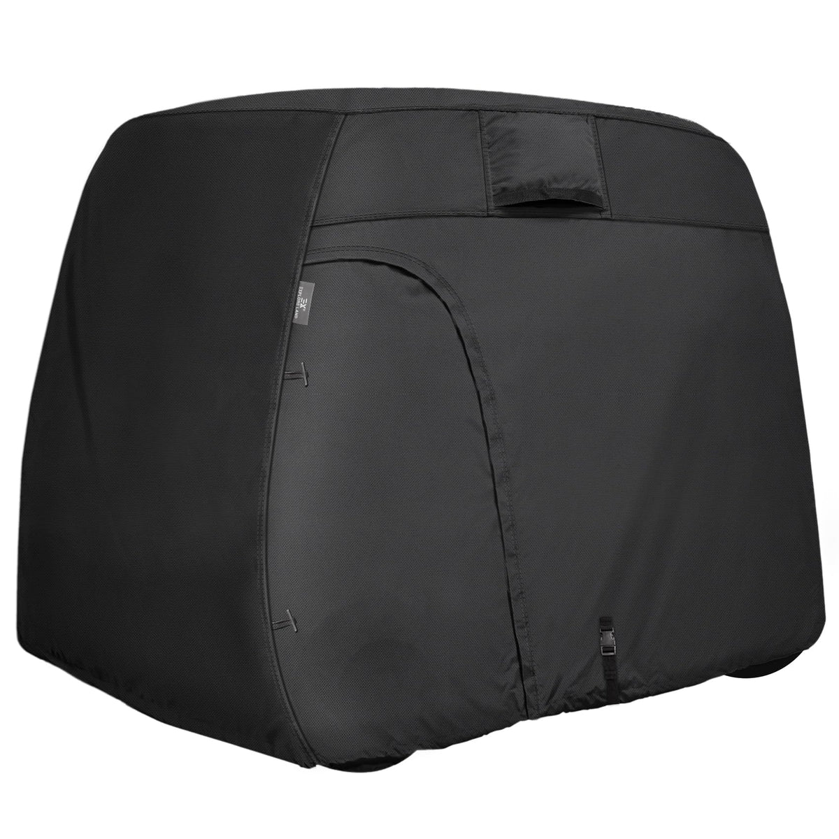 Explore Land 600D golf cart cover protecting a cart from rain and sun