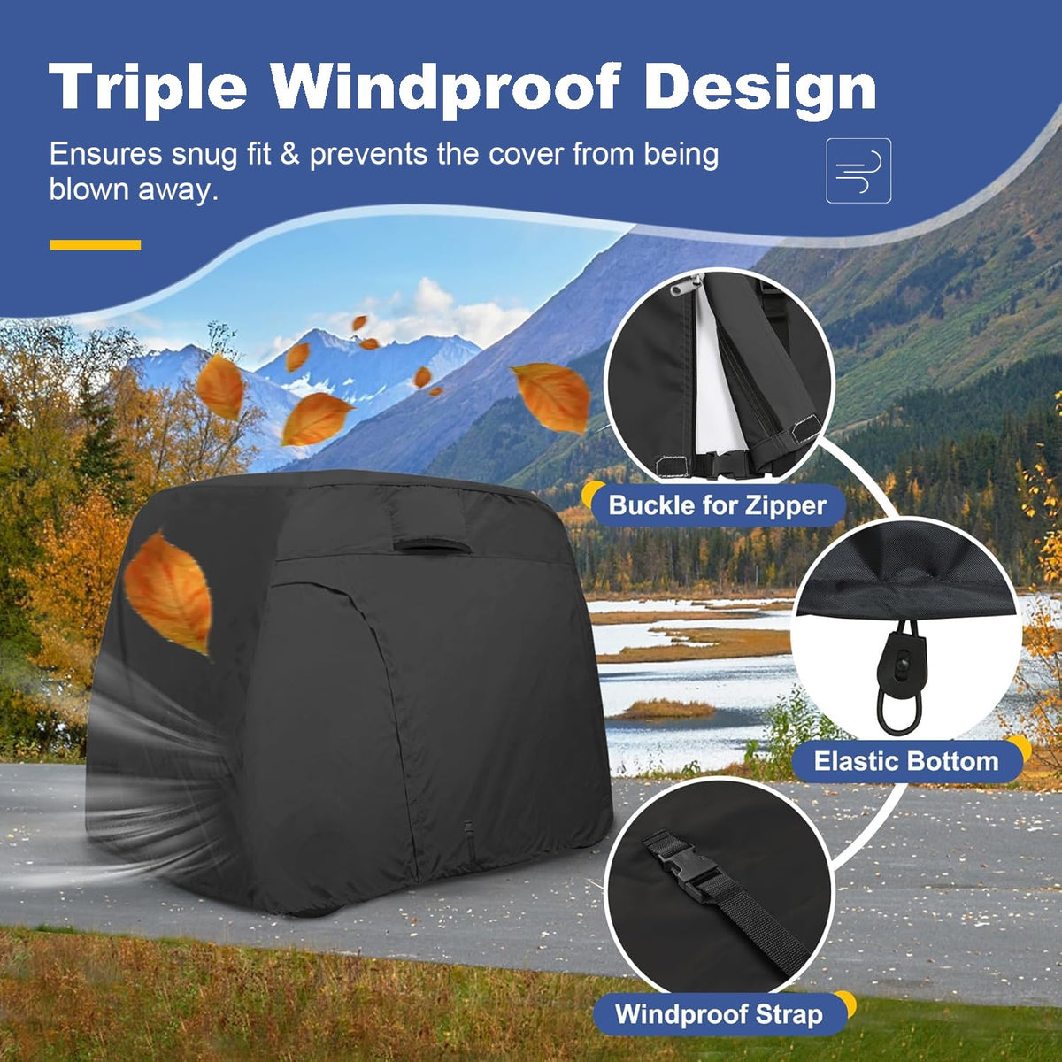 Explore Land windproof elastic hem and bottom strap securing the cover