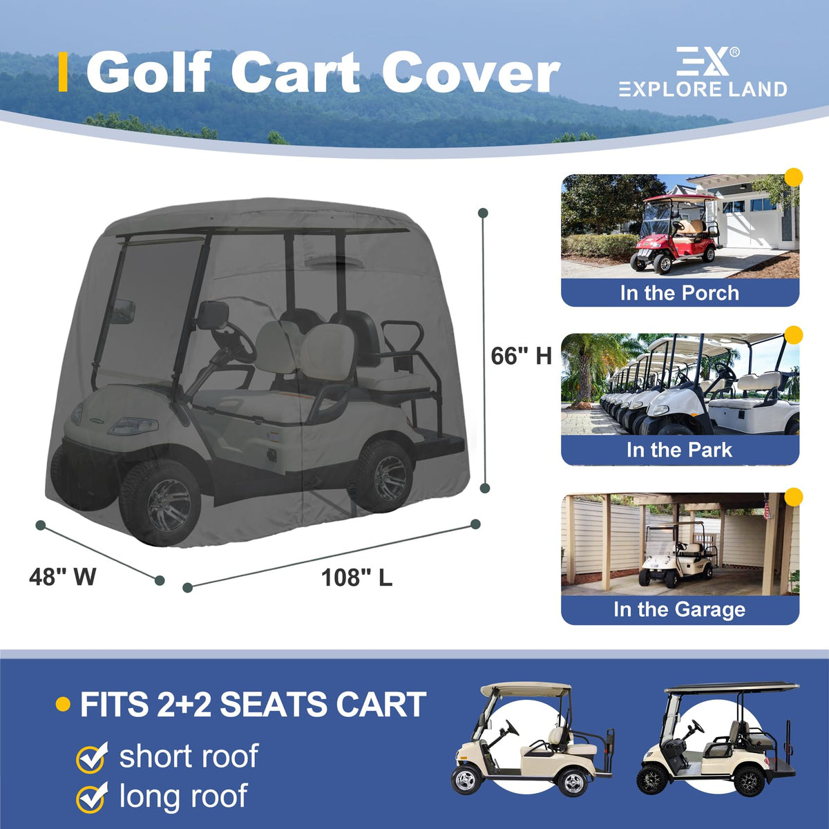 Explore Land golf cart cover side zip entry enables quick access