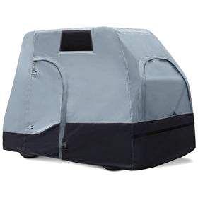 Explore Land waterproof golf cart cover front view protects carts from rain and dust.