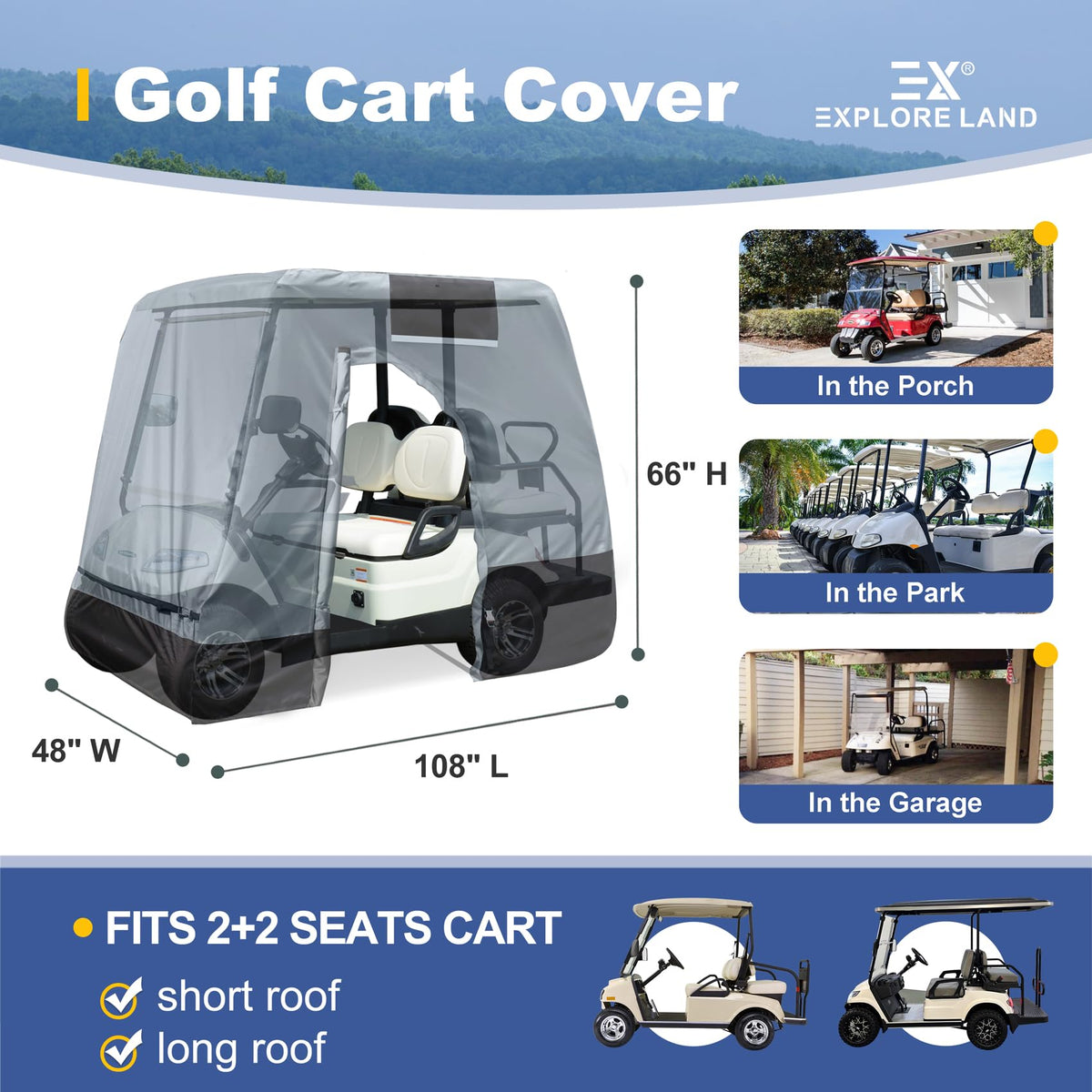 Explore Land heavy-duty fabric resists water and dust for long storage.