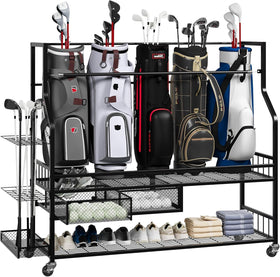 ExploreHorizon golf bag storage rack assembly for quick setup.