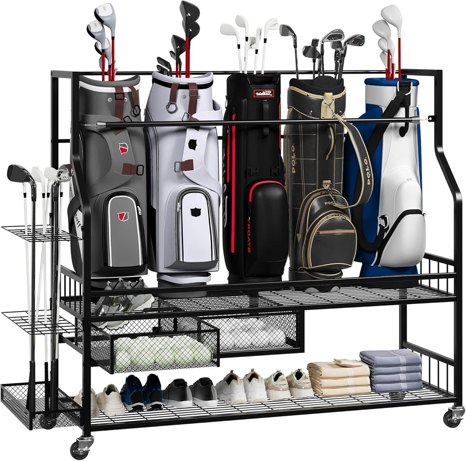 ExploreHorizon golf bag storage rack assembly for quick setup.