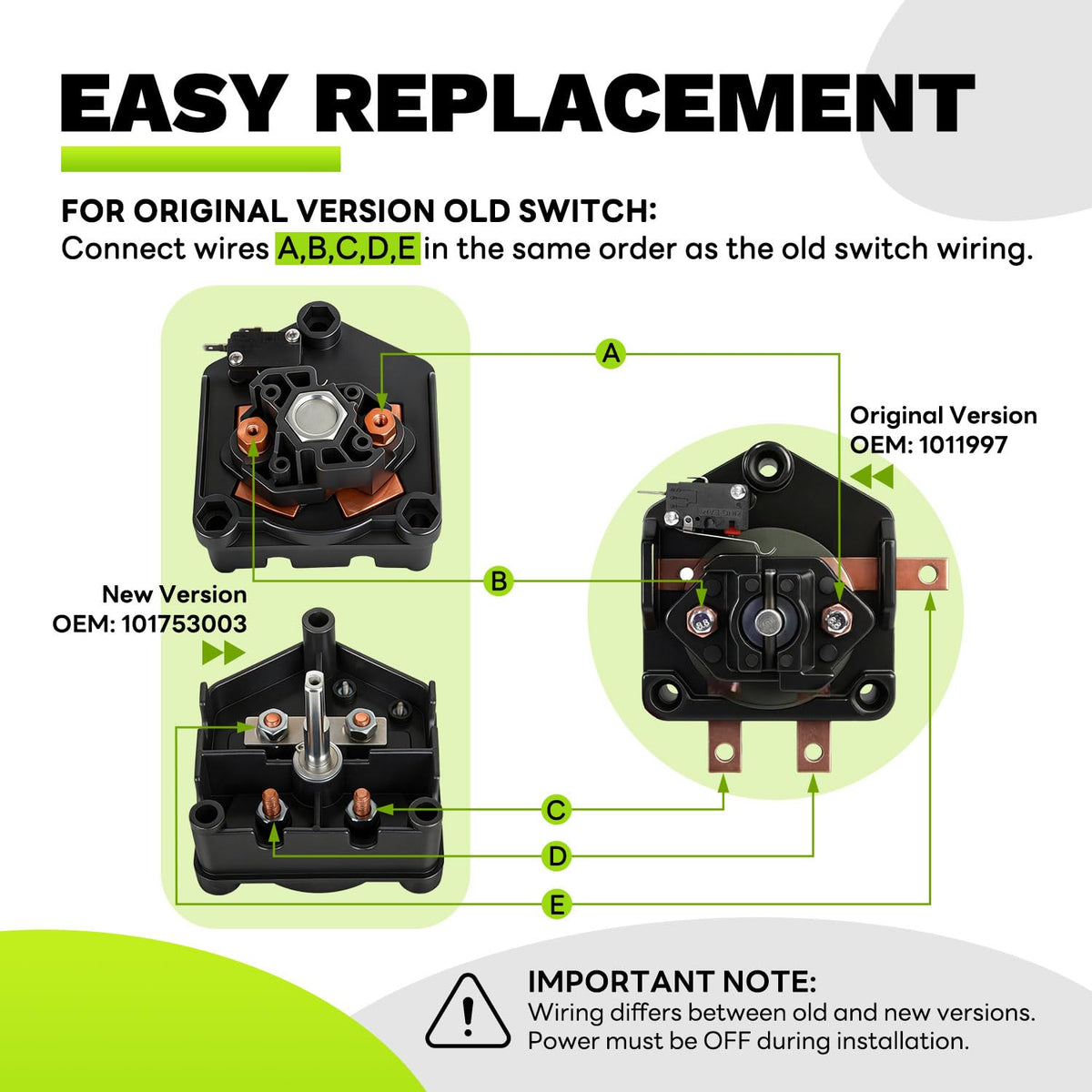 Contents image highlighting switch, handle, screws, and nuts