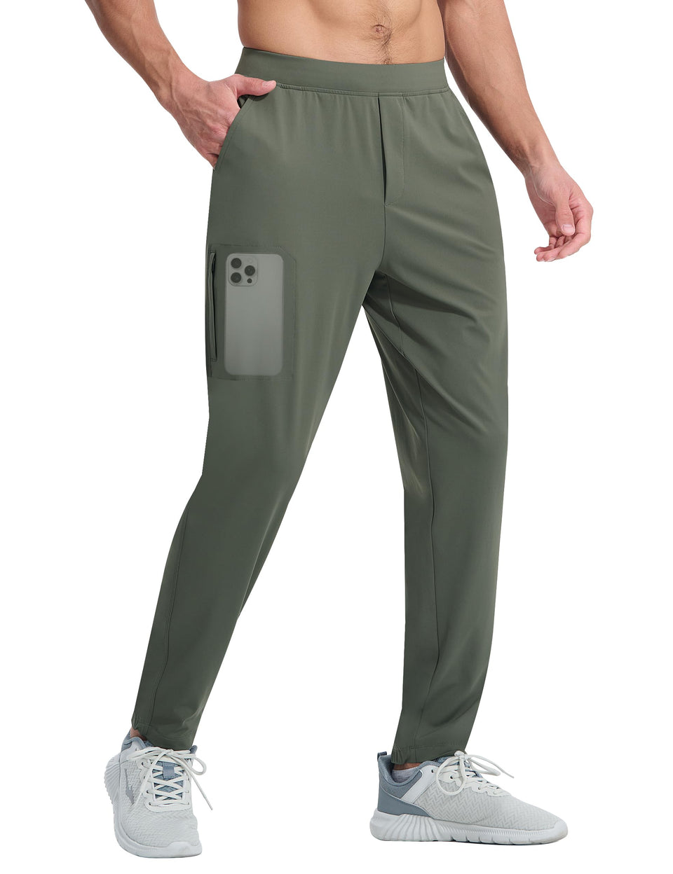 EZRUN men's joggers front view showing stretch fabric and slim fit for active wear