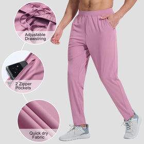 EZRUN men's stretch joggers pink fabric close-up showing soft feel and moisture management