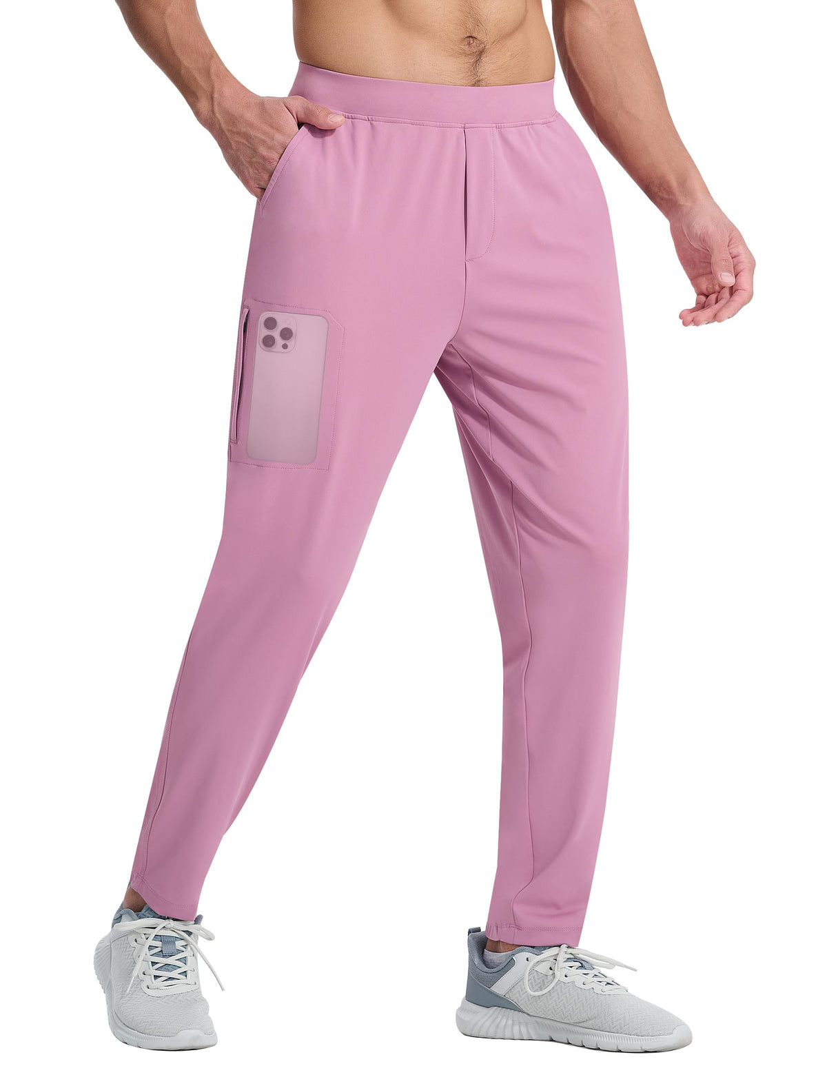 EZRUN men's stretch joggers pink front view for a sleek athletic fit during workouts