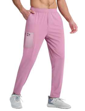 EZRUN men's stretch joggers pink front view for a sleek athletic fit during workouts