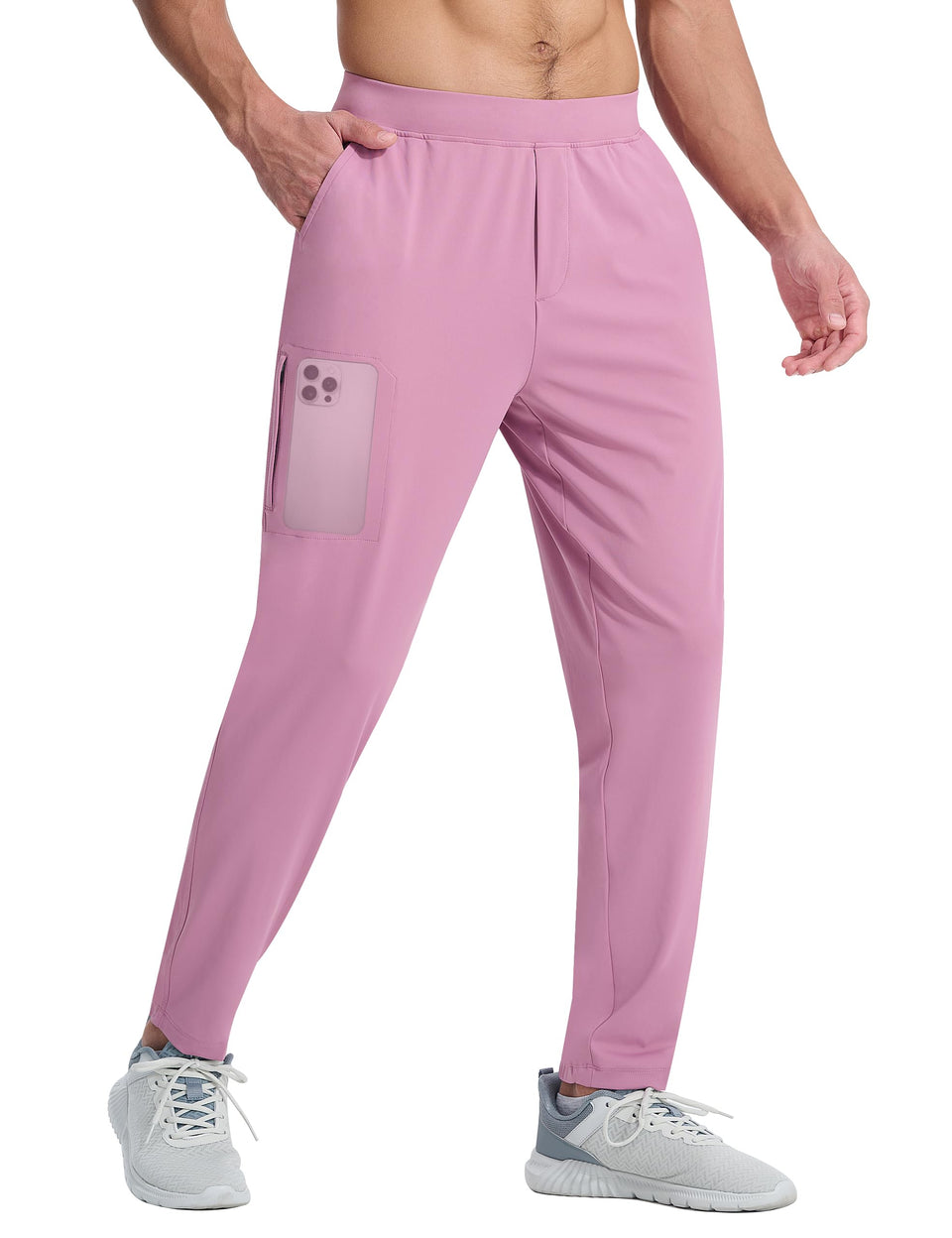 EZRUN men's stretch joggers pink front view for a sleek athletic fit during workouts