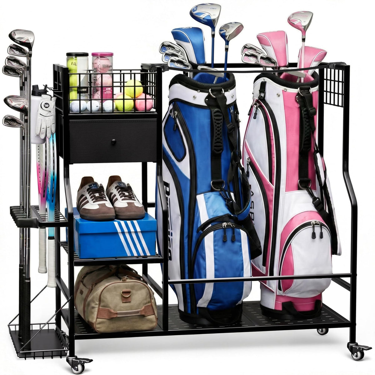 Faesun golf bag organizer front view with two bags and open shelves