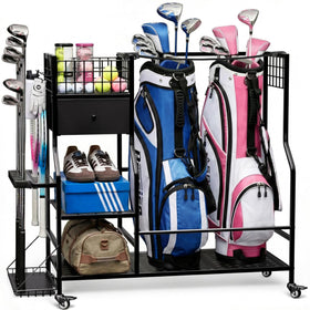 Faesun golf bag organizer front view with two bags and open shelves