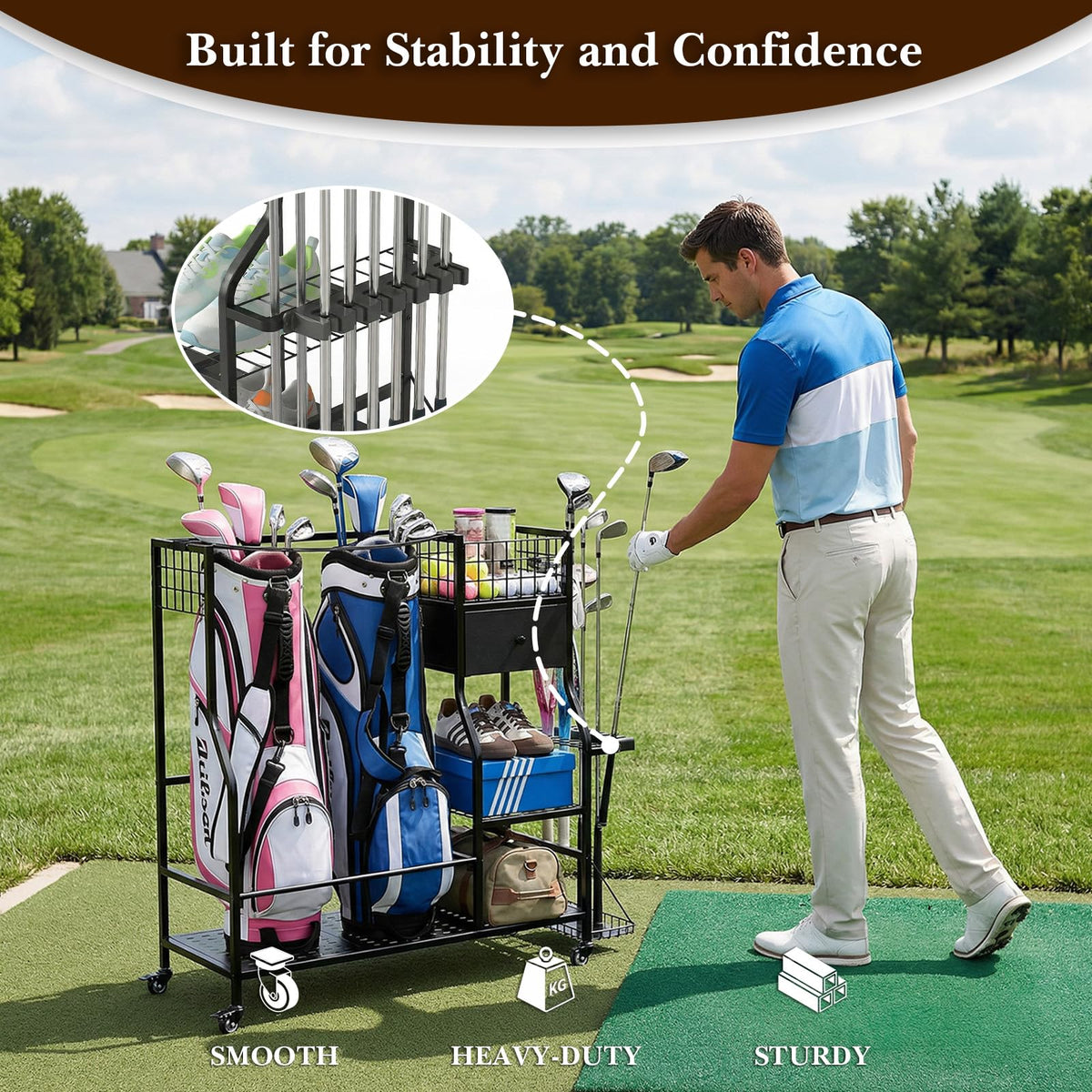 Faesun golf rack with lockable wheels for mobility