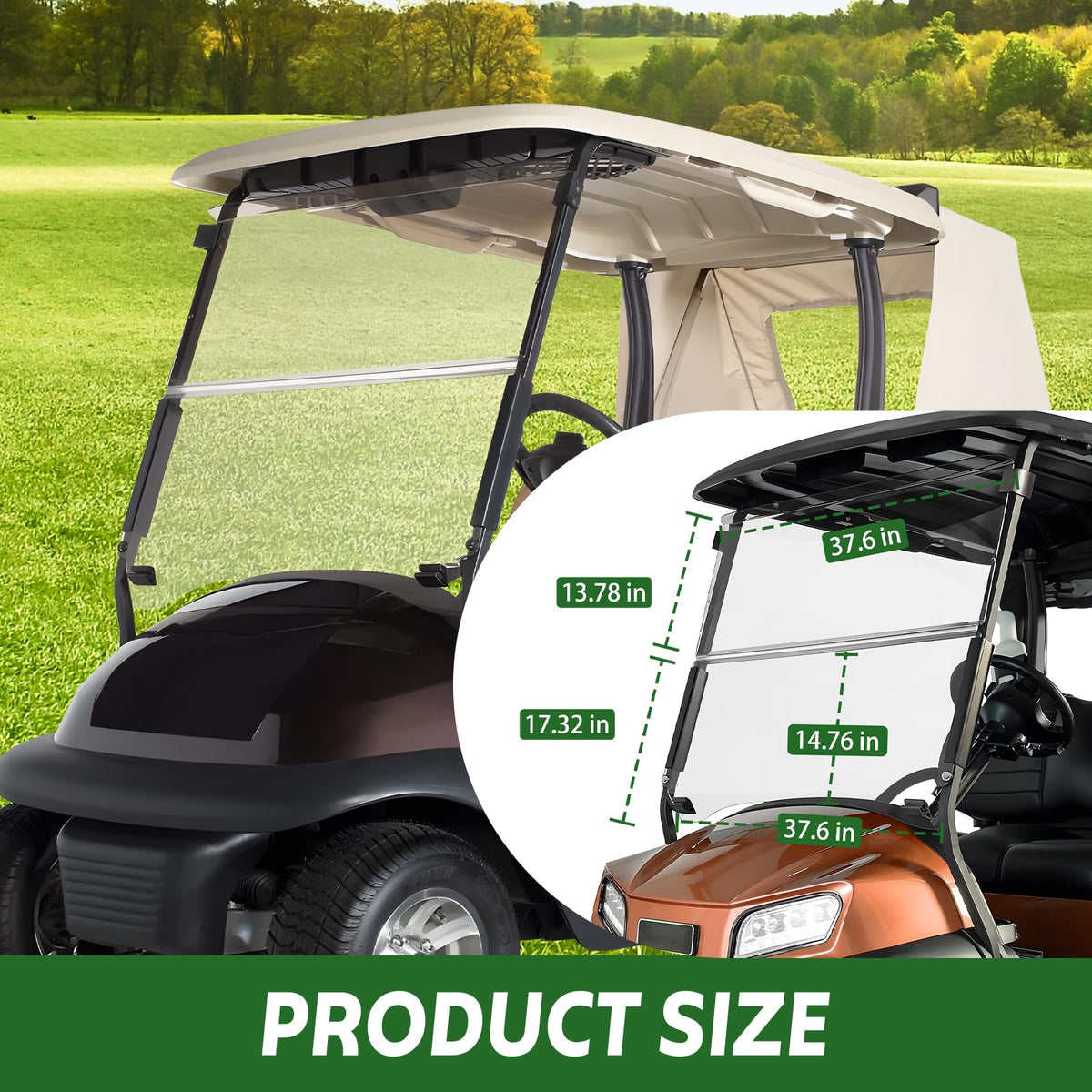 FAHKNS windshield on Club Car Precedent highlighting compatibility for 2004 and newer models.