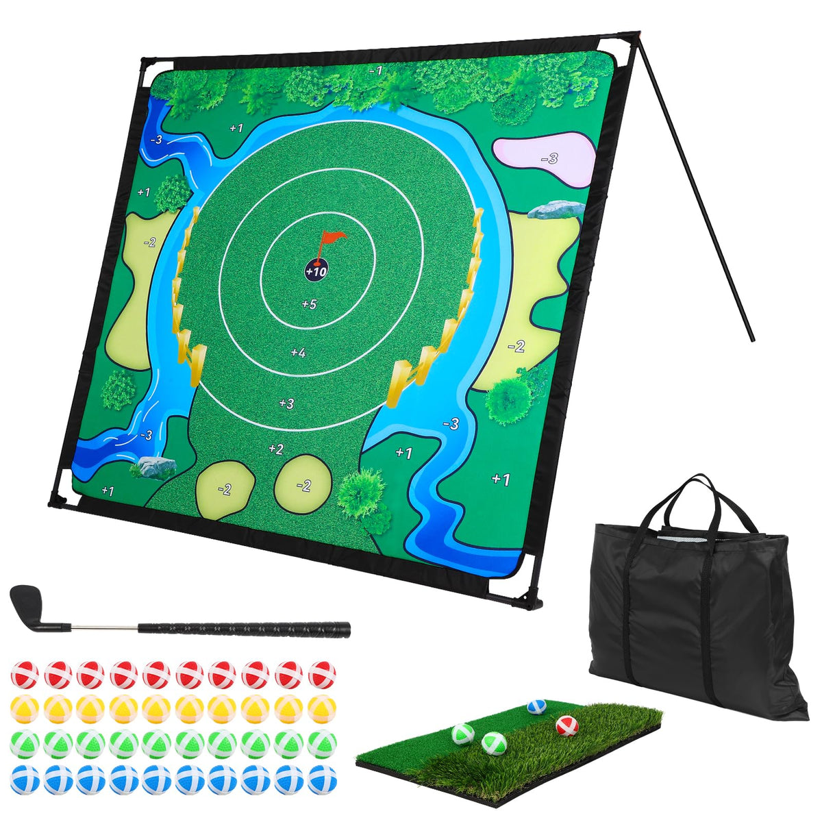 FAHKNS golf chipping game setup in a sunny backyard for family practice.