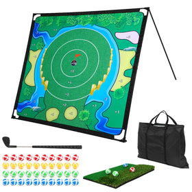 FAHKNS golf chipping game setup in a sunny backyard for family practice.