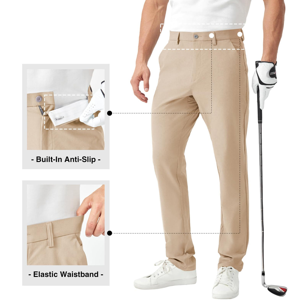 FAIABLE mens classic fit golf pants fabric close-up conveying quick-dry moisture-wicking comfort.