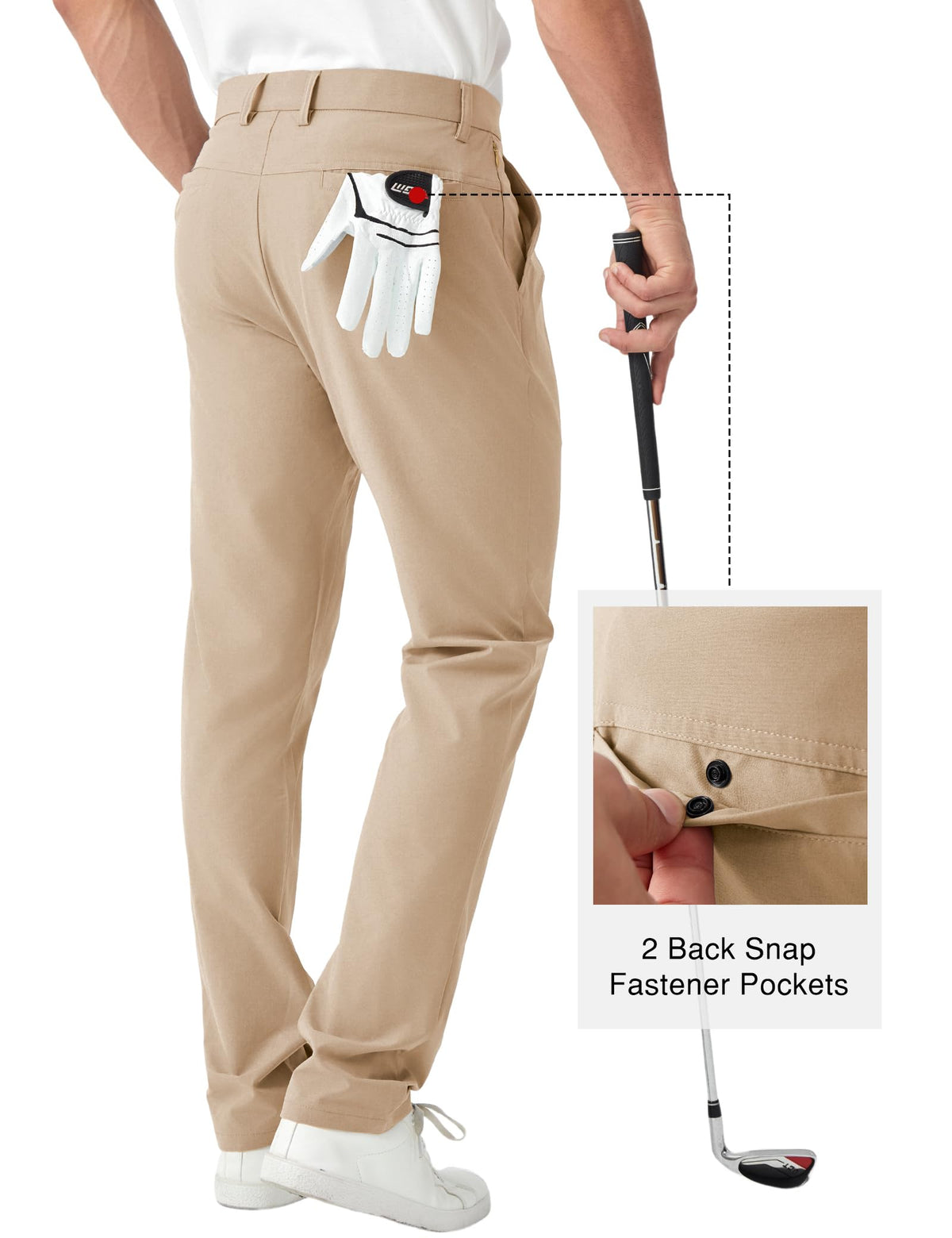 FAIABLE mens classic fit golf pants mobility shot highlighting 3D-cut and stretch for easy swing.