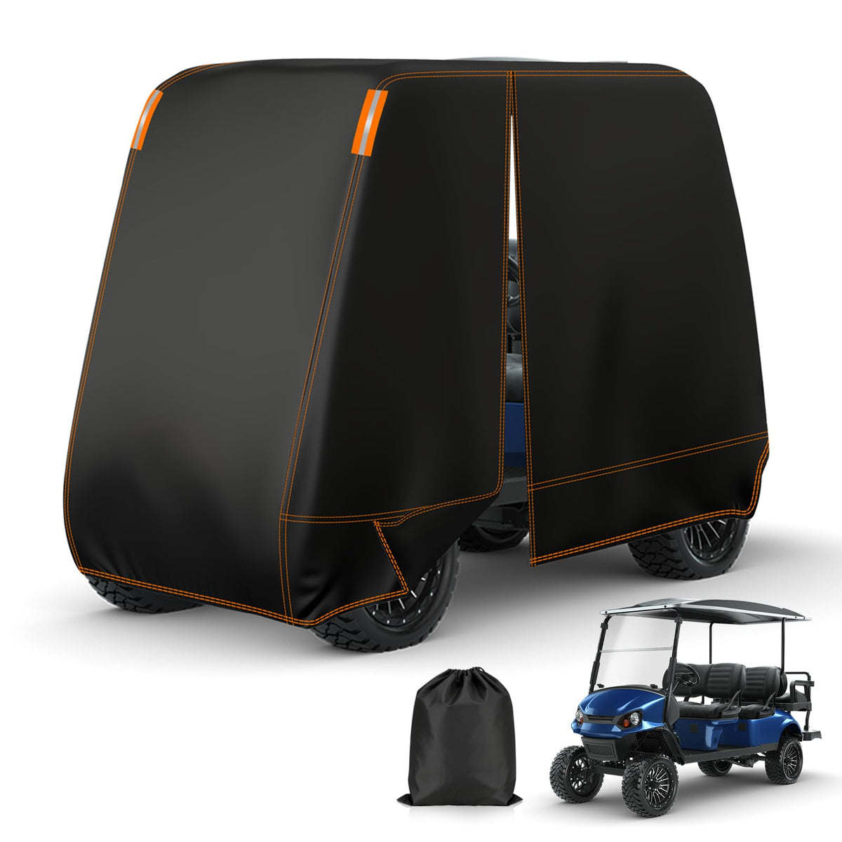 Falafa golf cart cover on a 6-passenger cart provides all-weather protection.