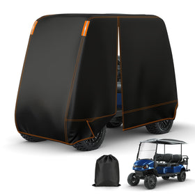 Falafa golf cart cover on a 6-passenger cart provides all-weather protection.